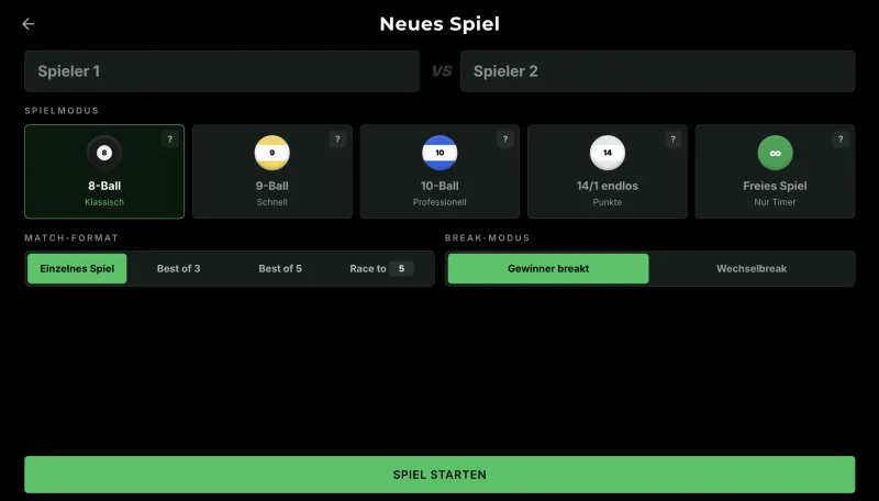 BilliardOS Client – Spiel-Setup