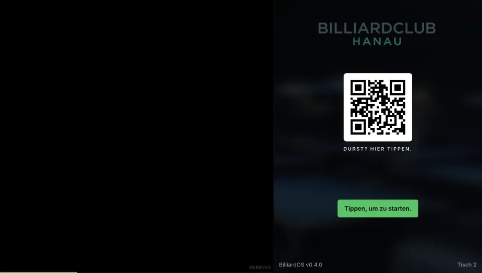 BilliardOS – Standby mit Werbebanner (1:1 Format)